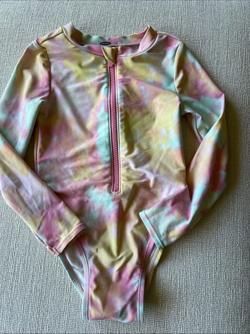 Old Navy Long-Sleeve One-Piece Swimsuit in Pastel Pink, Yellow, Mint